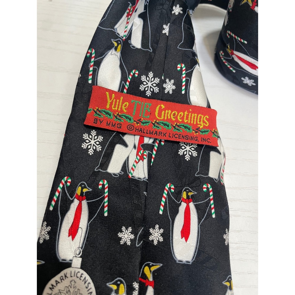 Yule Tie Greetings Penguin Candy Cane Christmas Silk Necktie Men - Picture 4 of 7
